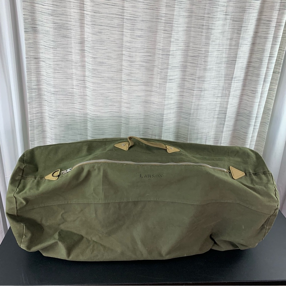 Green Olive Drab Zippered Canvas Duffle Bag.
